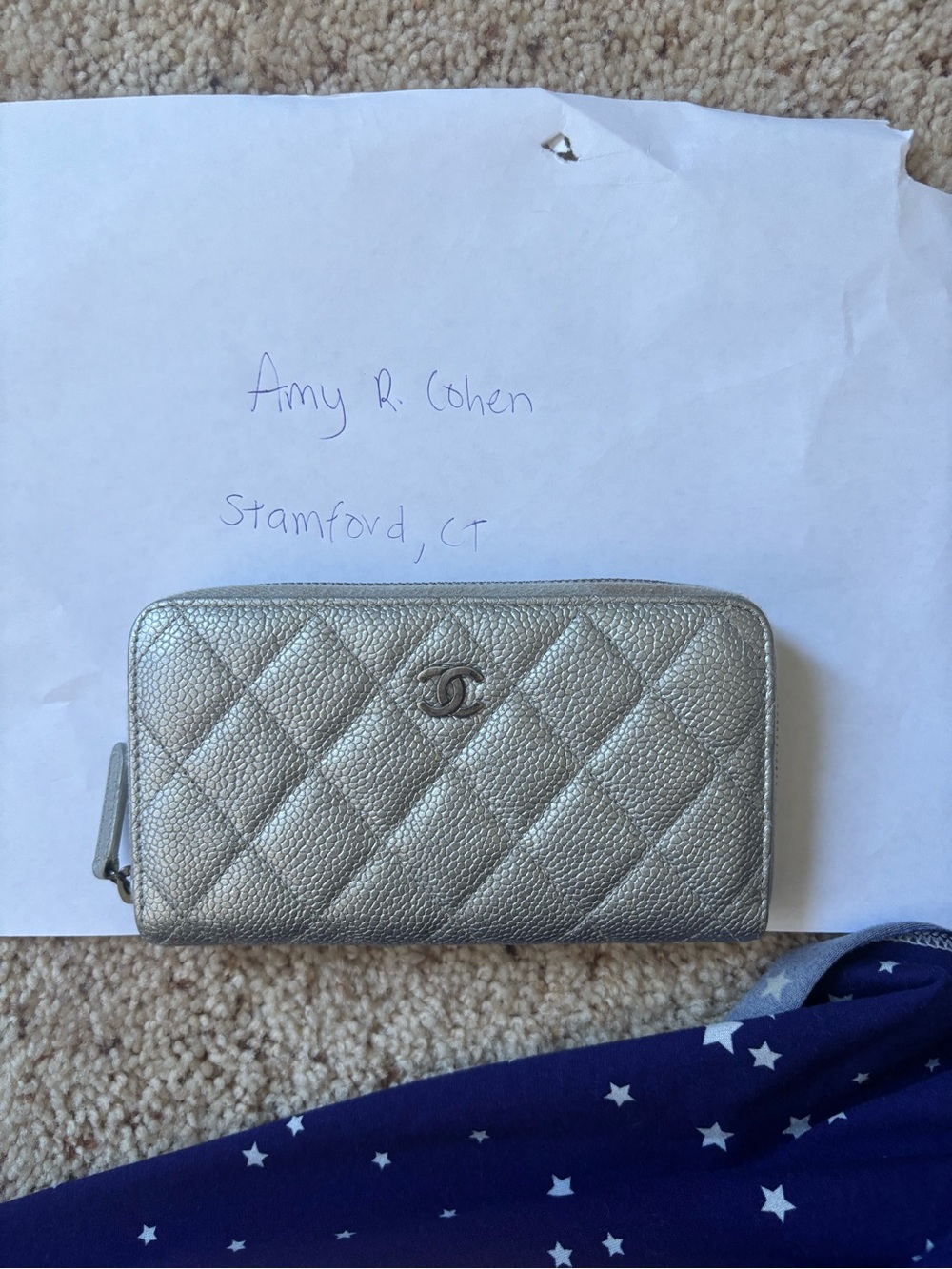 Chanel Quilted Zip Around Wallet Silver Caviar Leather
